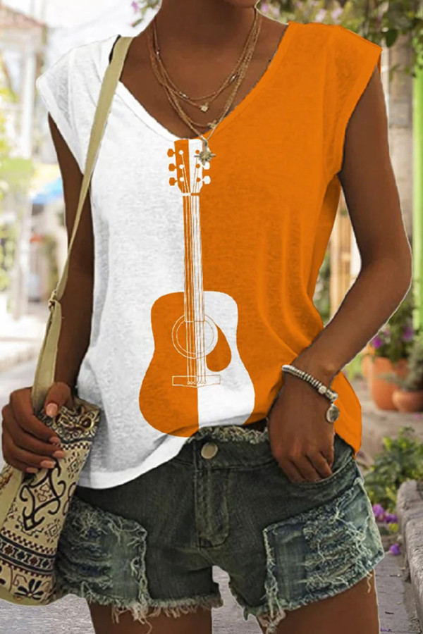 Yellow Casual Print Patchwork V Neck T-Shirts