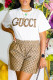 White Casual Print Letter O Neck Short Sleeve Two Pieces