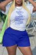 White Blue Casual Print Letter O Neck Short Sleeve Two Pieces