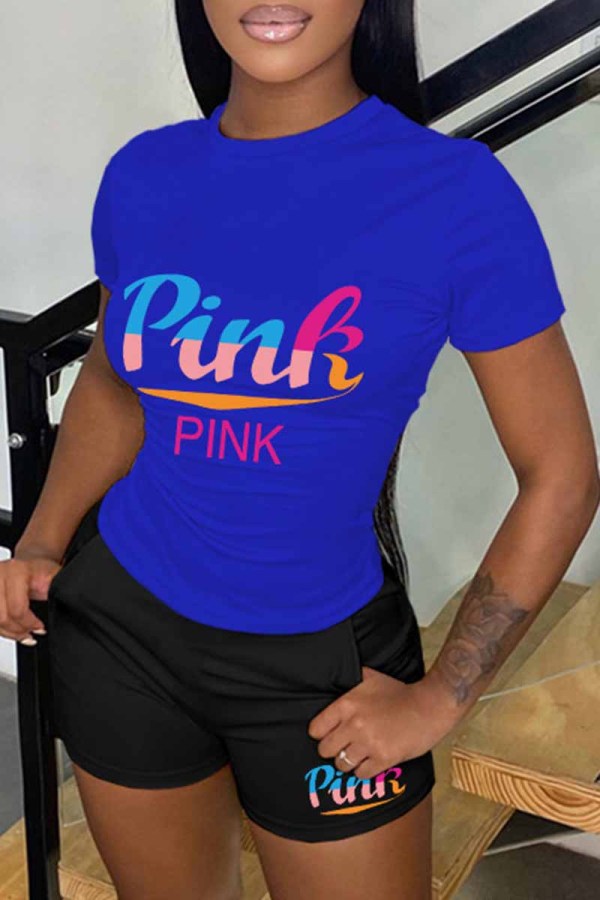 Blue Casual Print Letter O Neck Short Sleeve Two Pieces