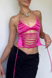 Rose Red Sexy Solid Hollowed Out Patchwork Halter Tops
