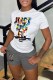 Grey Casual Print Letter O Neck Short Sleeve Two Pieces