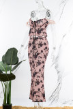 Pink Sexy Casual Print Backless Off the Shoulder Sleeveless Two Pieces
