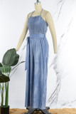 Blue Sexy Casual Solid Backless Halter Regular Jumpsuits