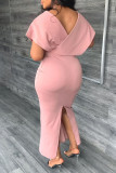 Pink Sexy Celebrities Solid Backless Slit Zipper V Neck A Line Dresses