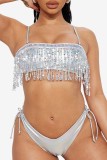 Silver Sexy Patchwork Tassel Sequins Backless Swimwears (Without Paddings)