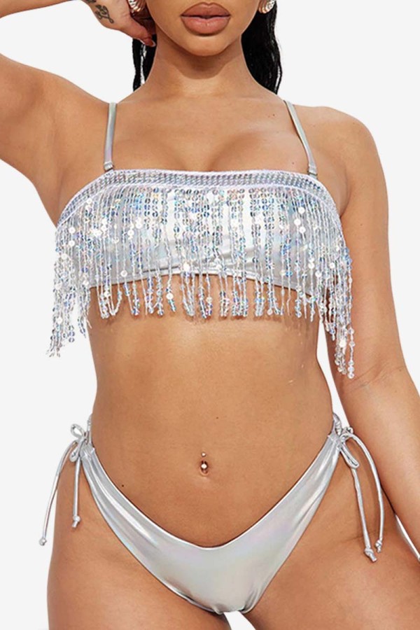 Silver Sexy Patchwork Tassel Sequins Backless Swimwears (Without Paddings)