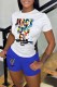 Blue Casual Print Letter O Neck Short Sleeve Two Pieces