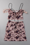 Pink Sexy Casual Print Backless Off the Shoulder Sleeveless Two Pieces