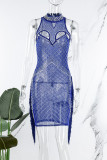 Red Sexy Patchwork Hot Drilling Tassel Hollowed Out See-through Turtleneck Sleeveless Dress Dresses