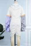 Grey Casual Patchwork Fold Contrast Zipper Hooded Collar Long Sleeve Dresses