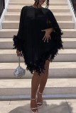Black Sexy Solid Patchwork See-through Feathers Asymmetrical O Neck Irregular Dress Dresses