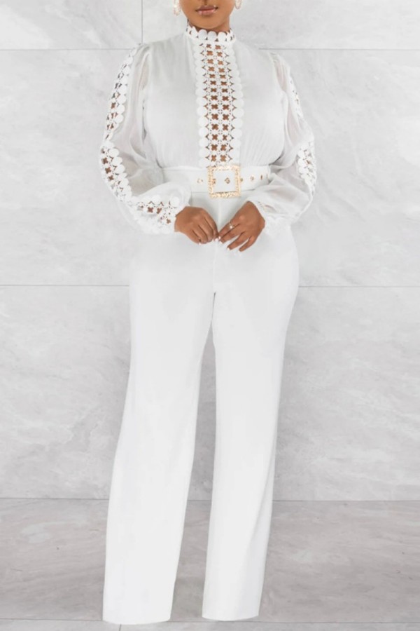White Casual Solid Hollowed Out Patchwork Half A Turtleneck Regular Jumpsuits