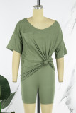 Olive Green Casual Patchwork Basic O Neck Short Sleeve Two Pieces