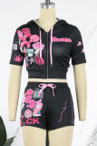 Red Casual Street Print Patchwork Zipper Hooded Collar Short Sleeve Two Pieces