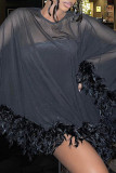 Black Sexy Solid Patchwork See-through Feathers Asymmetrical O Neck Irregular Dress Dresses