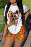 Orange Casual Street Print Patchwork O Neck Short Sleeve Two Pieces