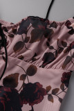 Pink Sexy Casual Print Backless Off the Shoulder Sleeveless Two Pieces