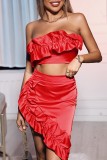 Red Sexy Solid Patchwork Backless Strapless Sleeveless Two Pieces