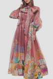 Pink Elegant Print Patchwork Flounce Half A Turtleneck A Line Dresses