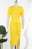 Yellow Casual Solid Patchwork Flounce Slit O Neck One Step Skirt Dresses