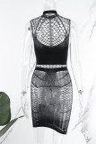 Black Sexy Solid Hollowed Out See-through Half A Turtleneck Sleeveless Dress Dresses