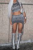 Grey Casual Street Letter Printing O Neck Two Pieces