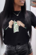 Black Street Vintage Print Patchwork O Neck T-Shirts