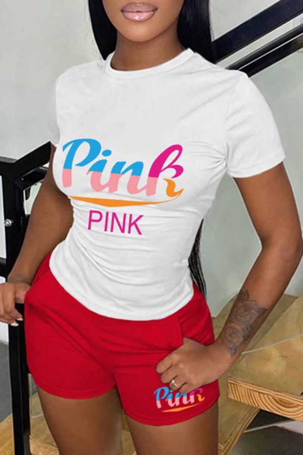 White Red Casual Print Letter O Neck Short Sleeve Two Pieces