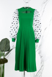 Green Casual Dot Print Hollowed Out Patchwork O Neck Pleated Dresses