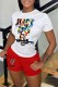 Red Casual Print Letter O Neck Short Sleeve Two Pieces