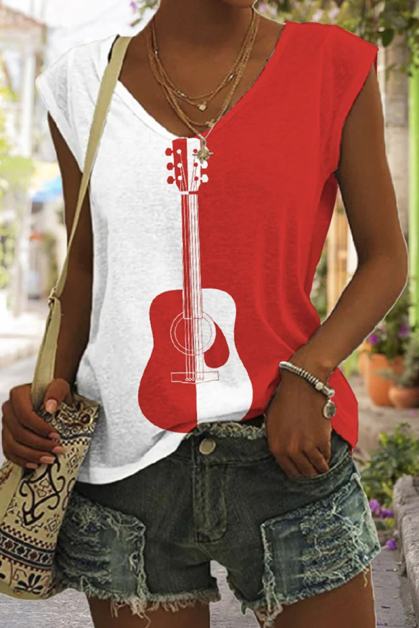 Red Casual Print Patchwork V Neck T-Shirts