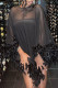 Black Sexy Solid Patchwork See-through Feathers Asymmetrical O Neck Irregular Dress Dresses