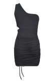 Black Solid Draw String Oblique Collar Wrapped Skirt Dresses