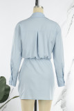 Light Blue Casual Solid Patchwork Turndown Collar Shirt Dress Dresses