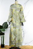 Yellow Casual Print Patchwork O Neck Long Sleeve Dresses