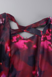 Deep Red Elegant Print Patchwork Asymmetrical Collar A Line Dresses