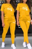 Yellow Casual Print Letter O Neck Short Sleeve Two Pieces