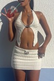 White Sexy Solid Backless Halter Sleeveless Two Pieces