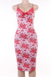 Pink Sexy Print Patchwork Spaghetti Strap One Step Skirt Dresses