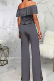 Red Casual Solid Patchwork Flounce Off the Shoulder Straight Jumpsuits