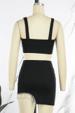 Black Sexy Casual Solid Tassel Patchwork Backless Spaghetti Strap Sleeveless Two Pieces