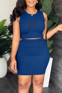 Royal Blue Casual Print Letter O Neck Sleeveless Two Pieces