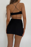 Colour Sexy Solid Patchwork Flounce Halter Pencil Skirt Dresses