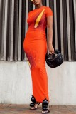 Tangerine Red Casual Print Basic O Neck Short Sleeve Dress Dresses