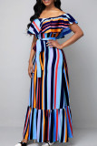 Multicolor Casual Striped Print Bandage Patchwork Off the Shoulder Straight Dresses