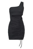 Black Solid Draw String Oblique Collar Wrapped Skirt Dresses