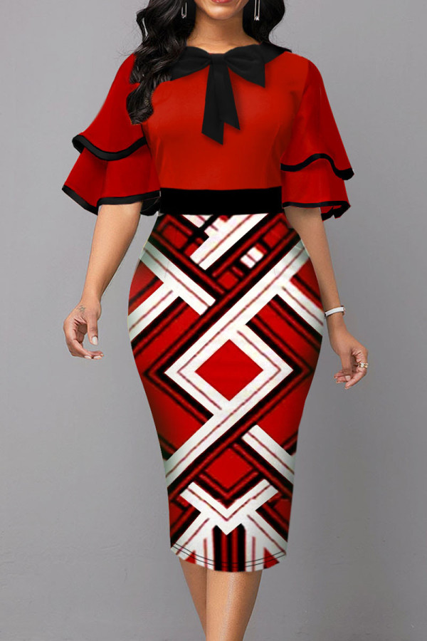 Red Casual Print Patchwork With Bow O Neck One Step Skirt Dresses