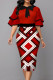 Red Casual Print Patchwork With Bow O Neck One Step Skirt Dresses