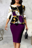 Green Casual Print Patchwork O Neck One Step Skirt Dresses